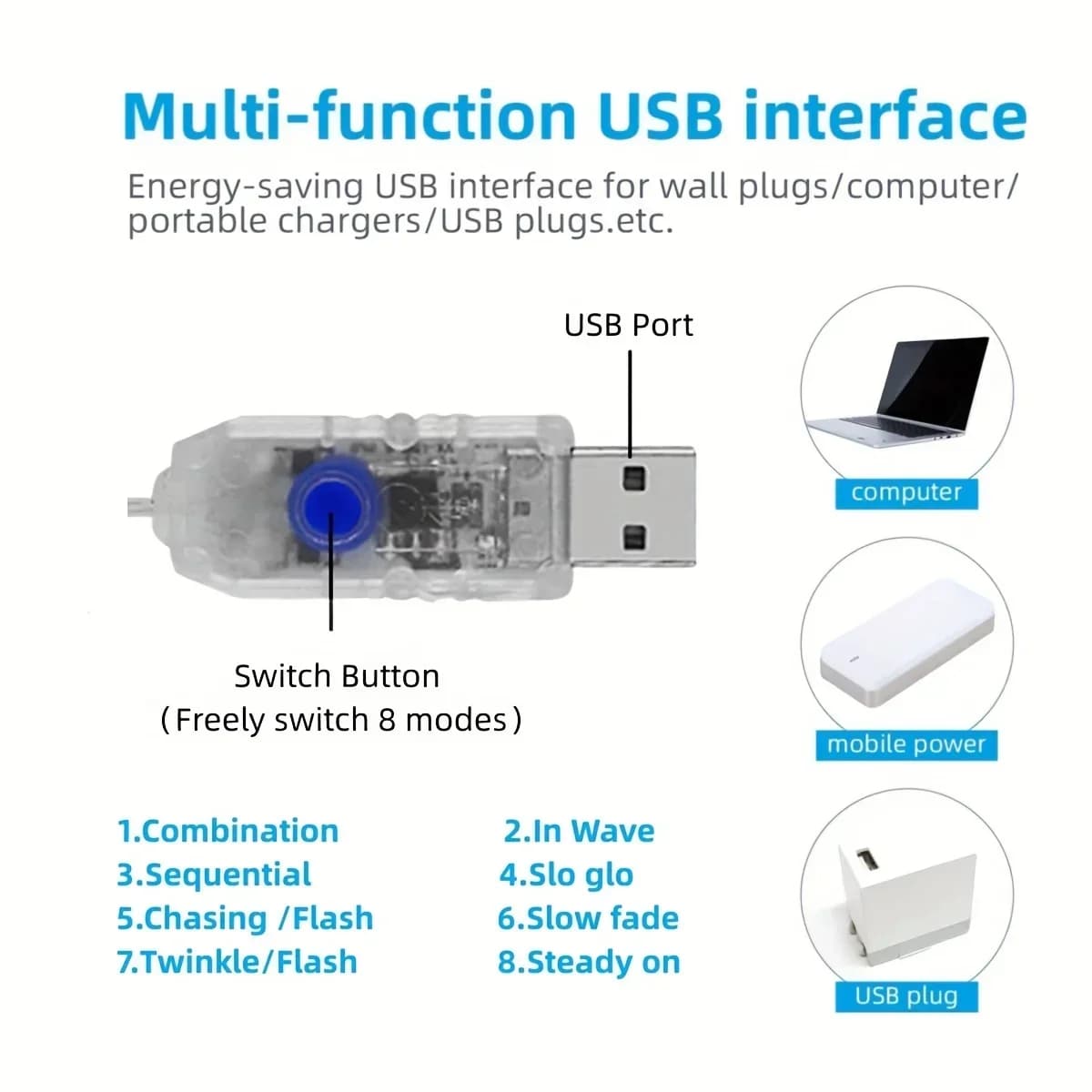 USB LED verižne luči z učinkom slapu, topla bela in barvita